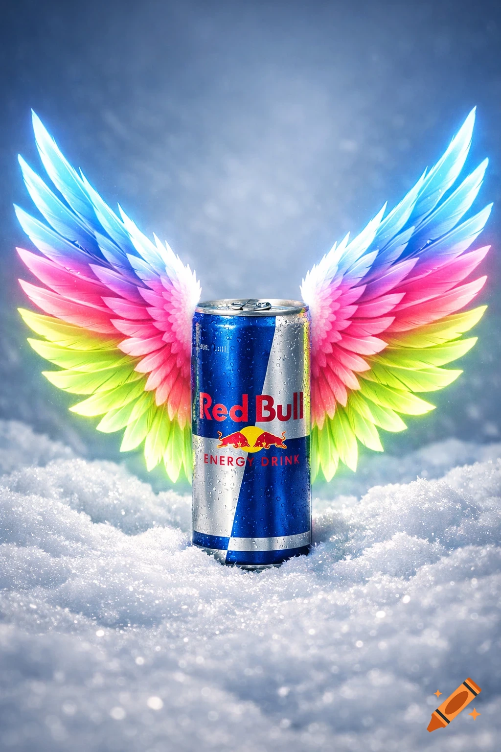 A photorealistic Red Bull can with vibrant, glowing rainbow wings, standing on a bed of fresh snow with condensation on the can.