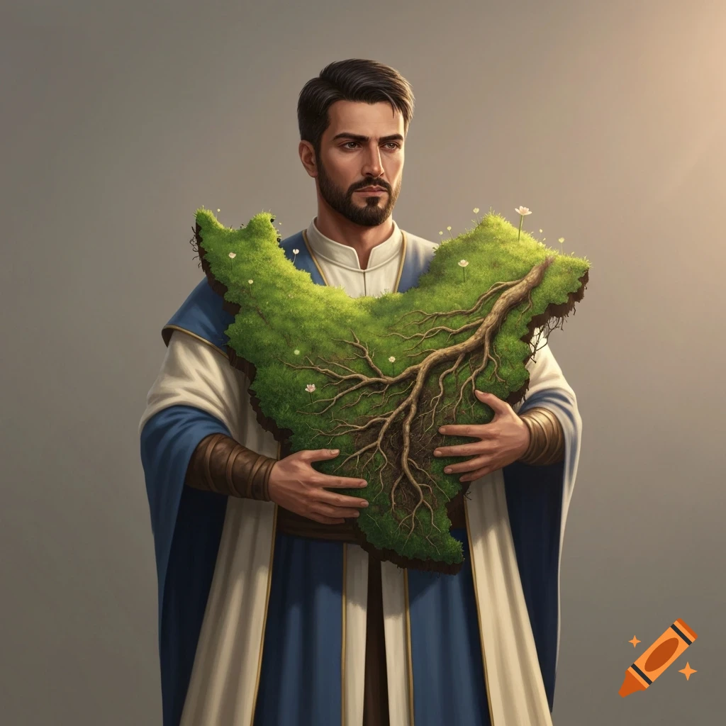 A man in ancient Persian royal attire holds a lush green, root-filled landmass shaped like Iran with small white flowers.
