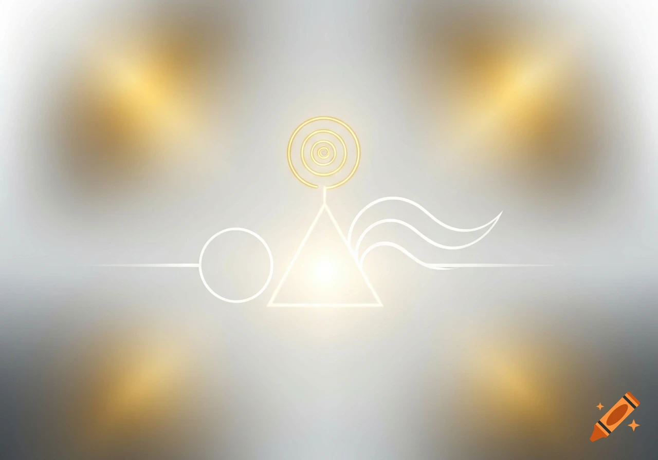 Minimalist sacred geometry sigil with a golden spiral, white circle, waves, and glowing triangle on a soft gold and silver background.