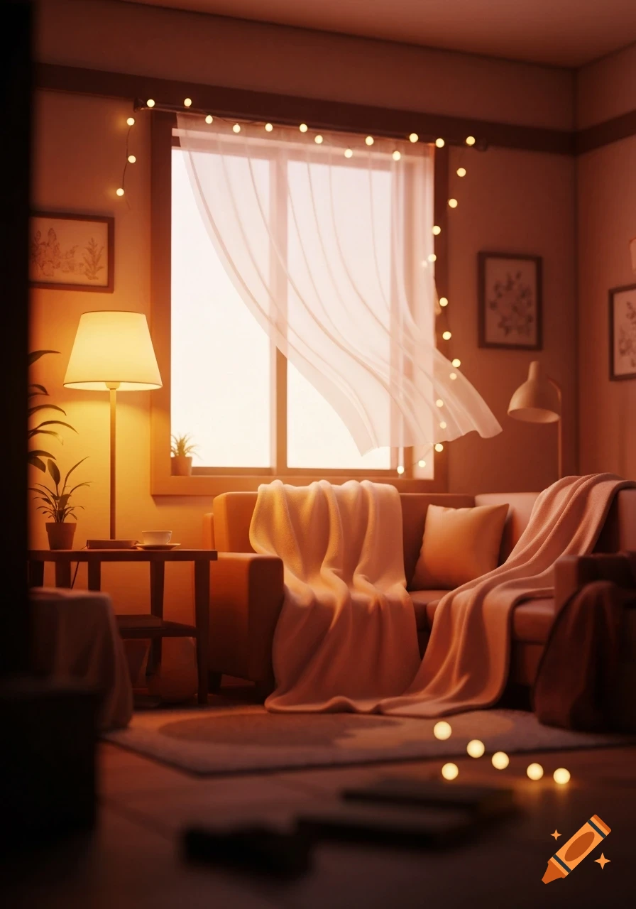 A cozy 3D anime style lounge room at night with warm lamp and fairy lighting, flowing sheer curtains, and a couch with soft blankets.
