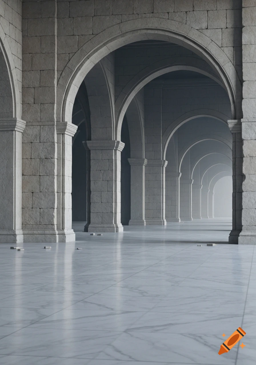A long, symmetrical hallway with grey stone arches and columns receding into a hazy distance, reflecting on a polished marble floor.