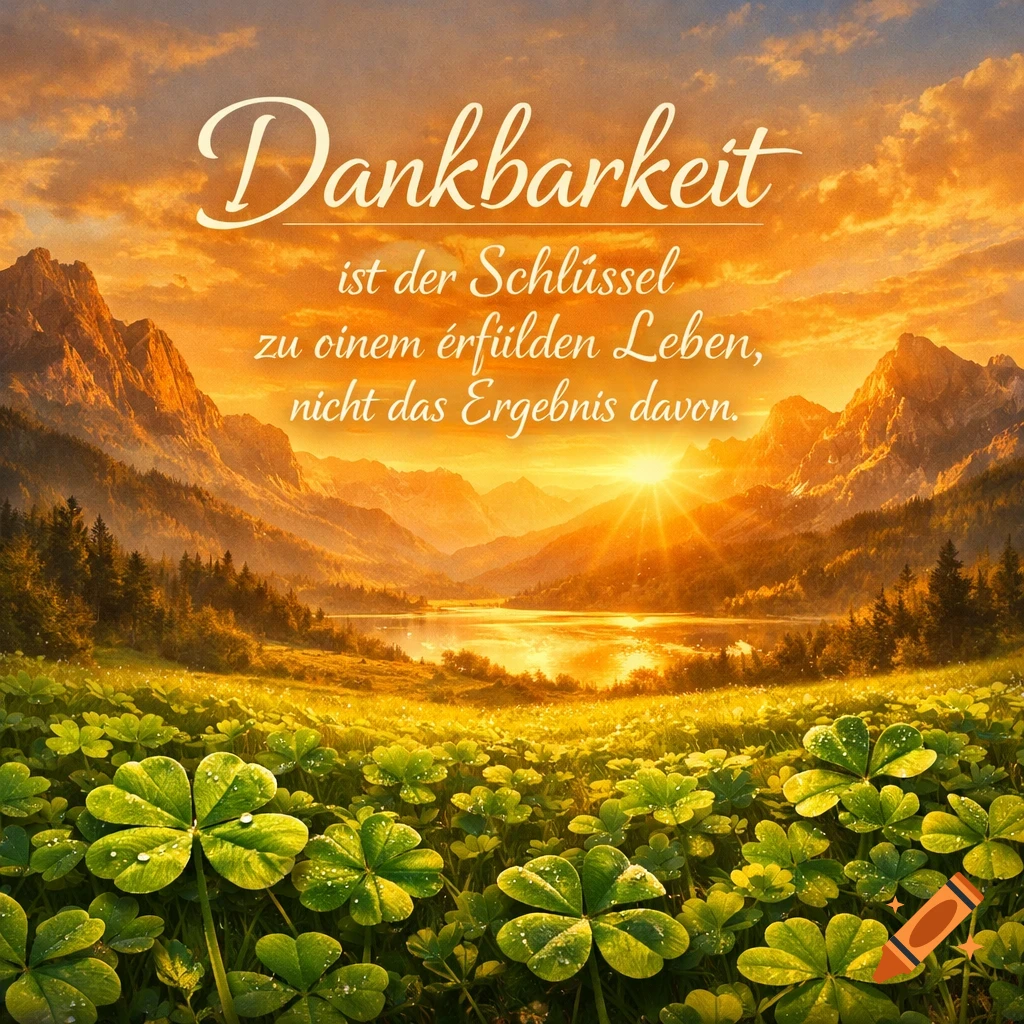 A vibrant sunset over a mountain lake, with a field of clover in the foreground and a German motivational quote.
