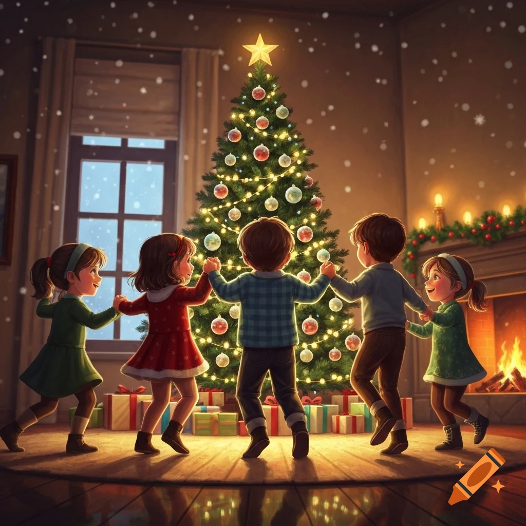 Illustrated scene of four children holding hands and dancing around a brightly lit Christmas tree in a warm, festive room.