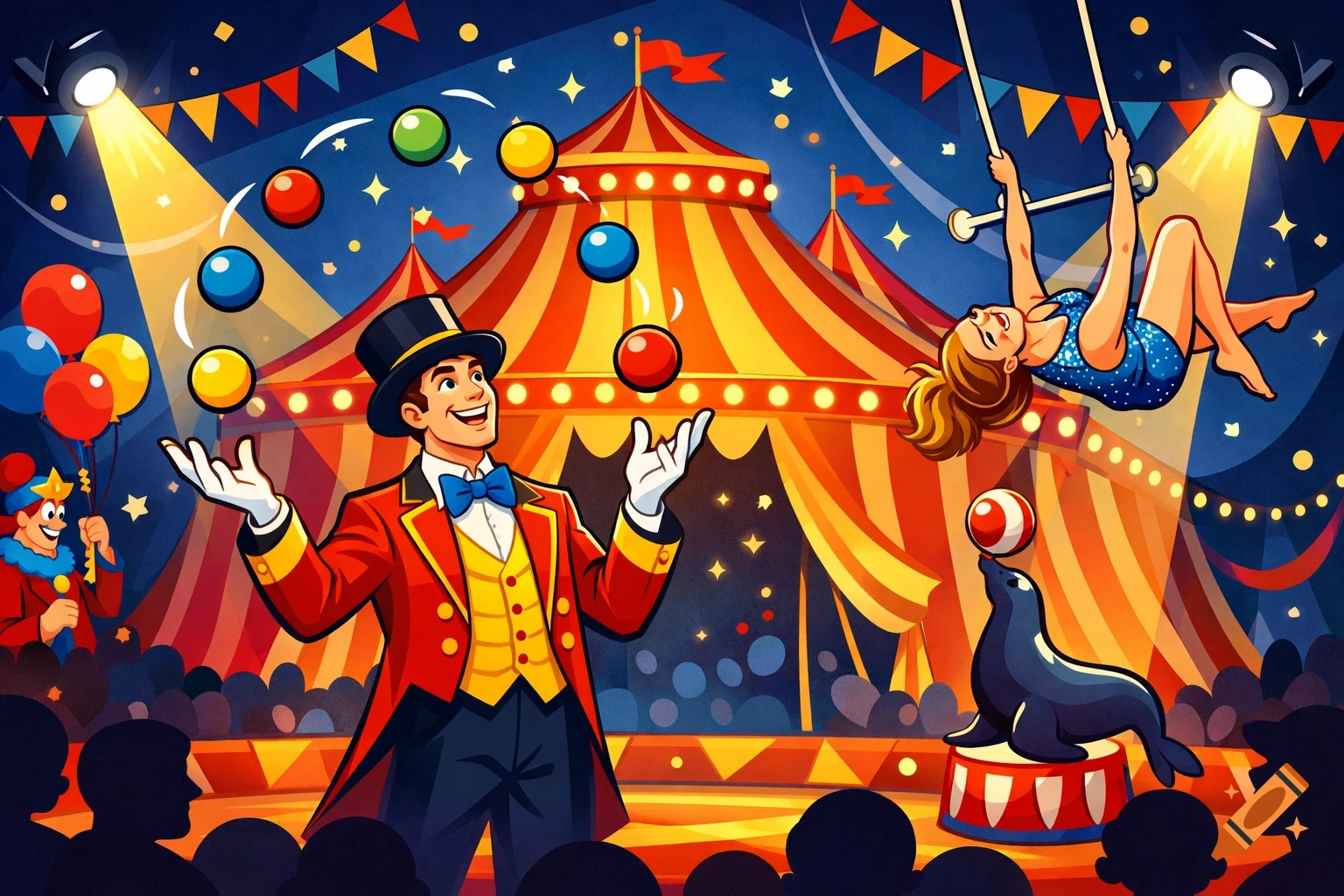 Vibrant cartoon circus illustration with a juggling ringmaster, trapeze artist, and a seal performing under a big top.