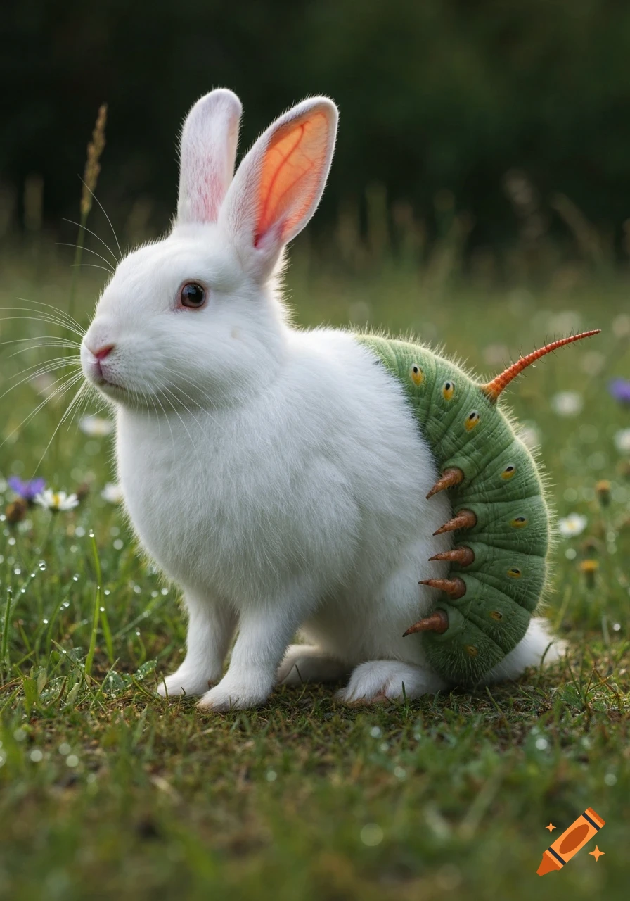A white rabbit with a green caterpillar body on its back sits in dewy green grass with small flowers.