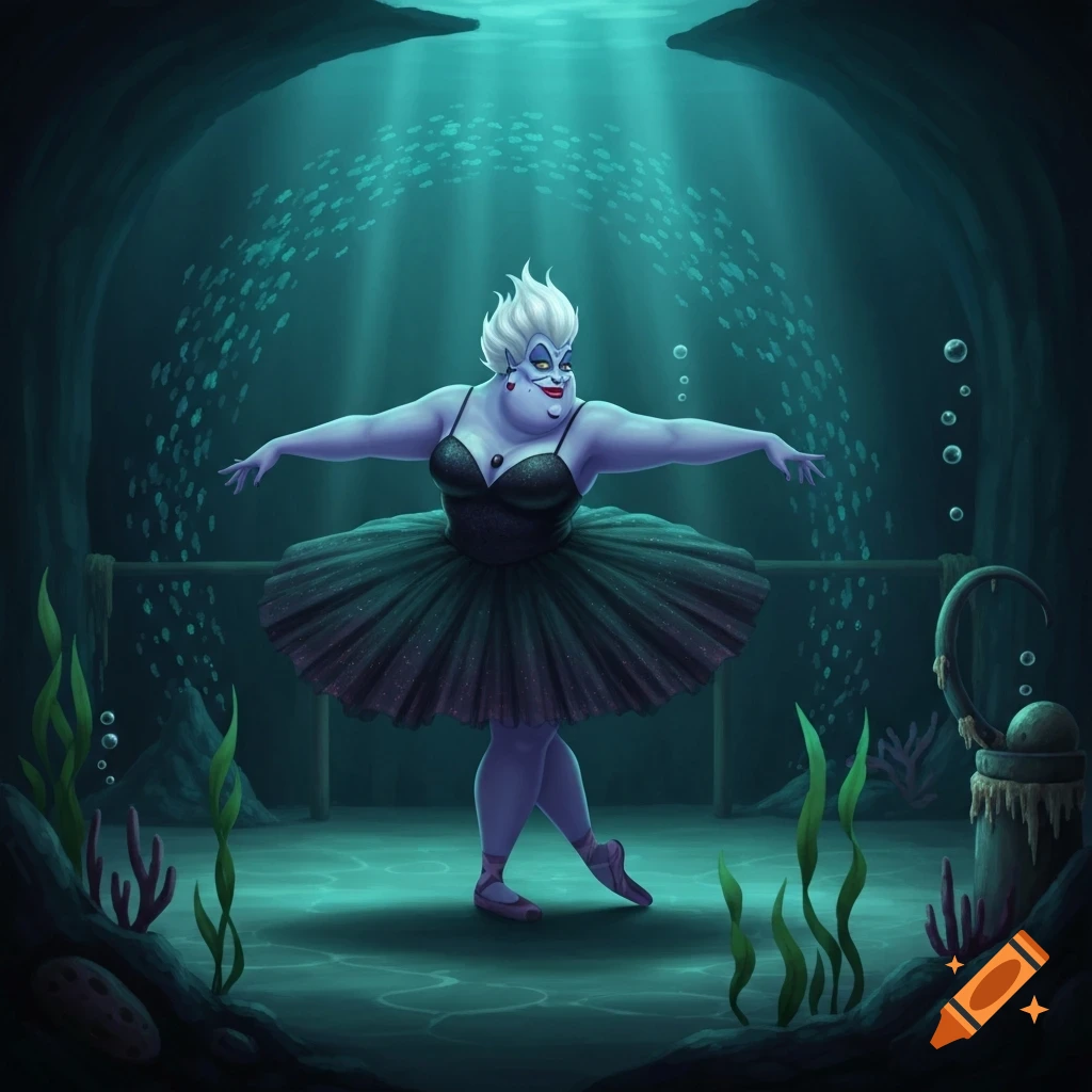 Illustrated Ursula the sea witch in a black tutu and pointe shoes performing a demi-pli amid seaweed in an underwater studio.