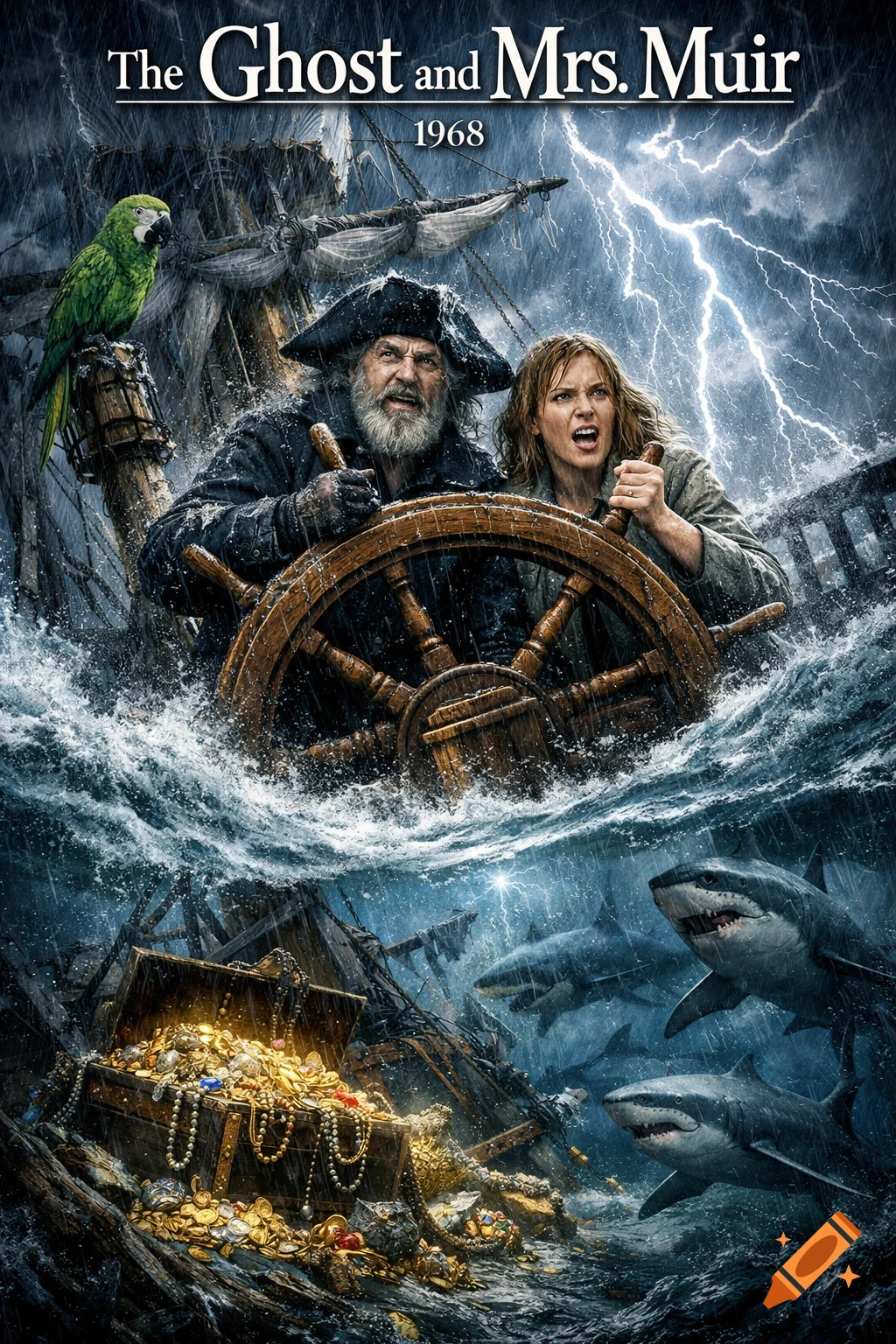 Photorealistic movie poster: A pirate captain and woman steer a ship in a stormy sea with lightning. Sharks swim near sunken treasure.