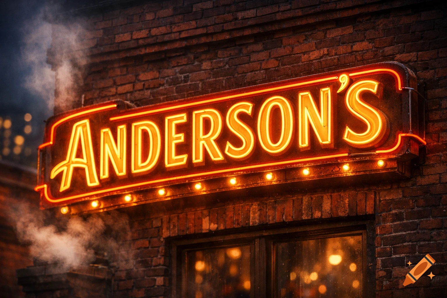 A bright orange and red neon sign for "Anderson's" on a brick building, with steam rising in the foreground.