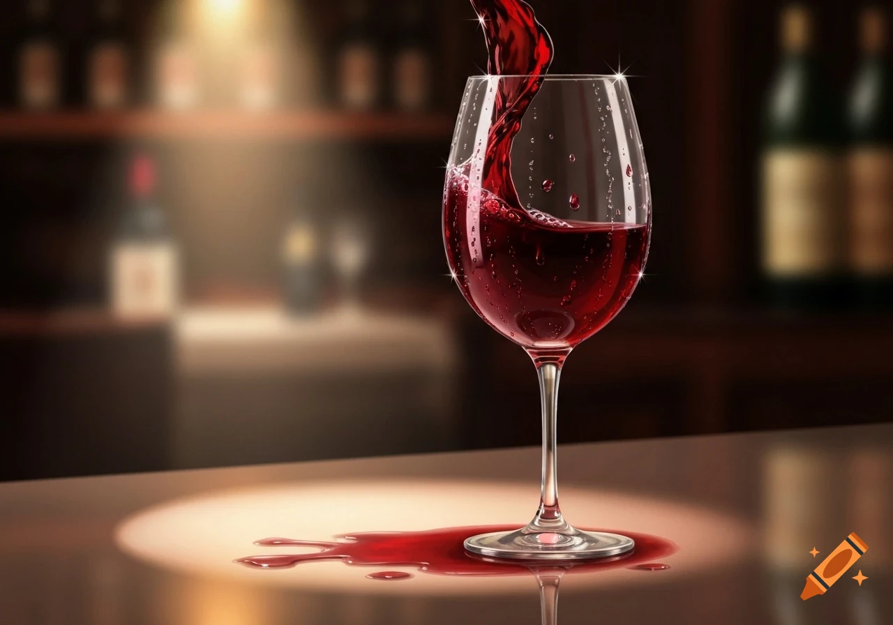 Red wine pours into a glass, spilling onto a bar table in a dimly lit bar, photorealistic style.