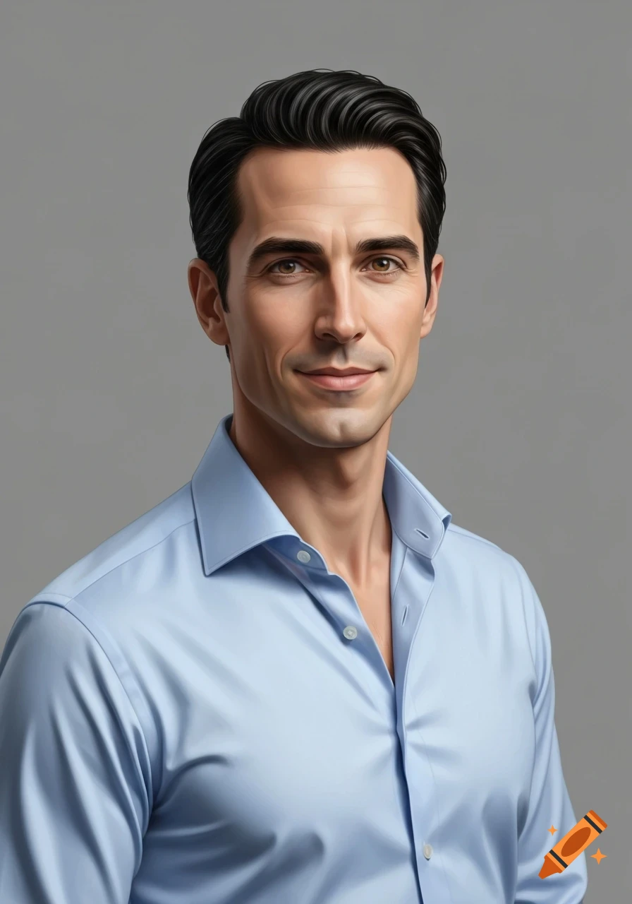 A photorealistic portrait of a dark-haired man in a light blue collared shirt smiling against a gray background.