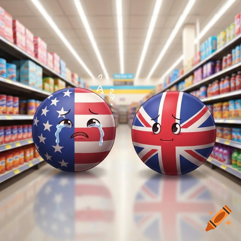 A crying USA countryball next to a quiet UK countryball in a brightly lit supermarket aisle, depicted in a cartoon style.