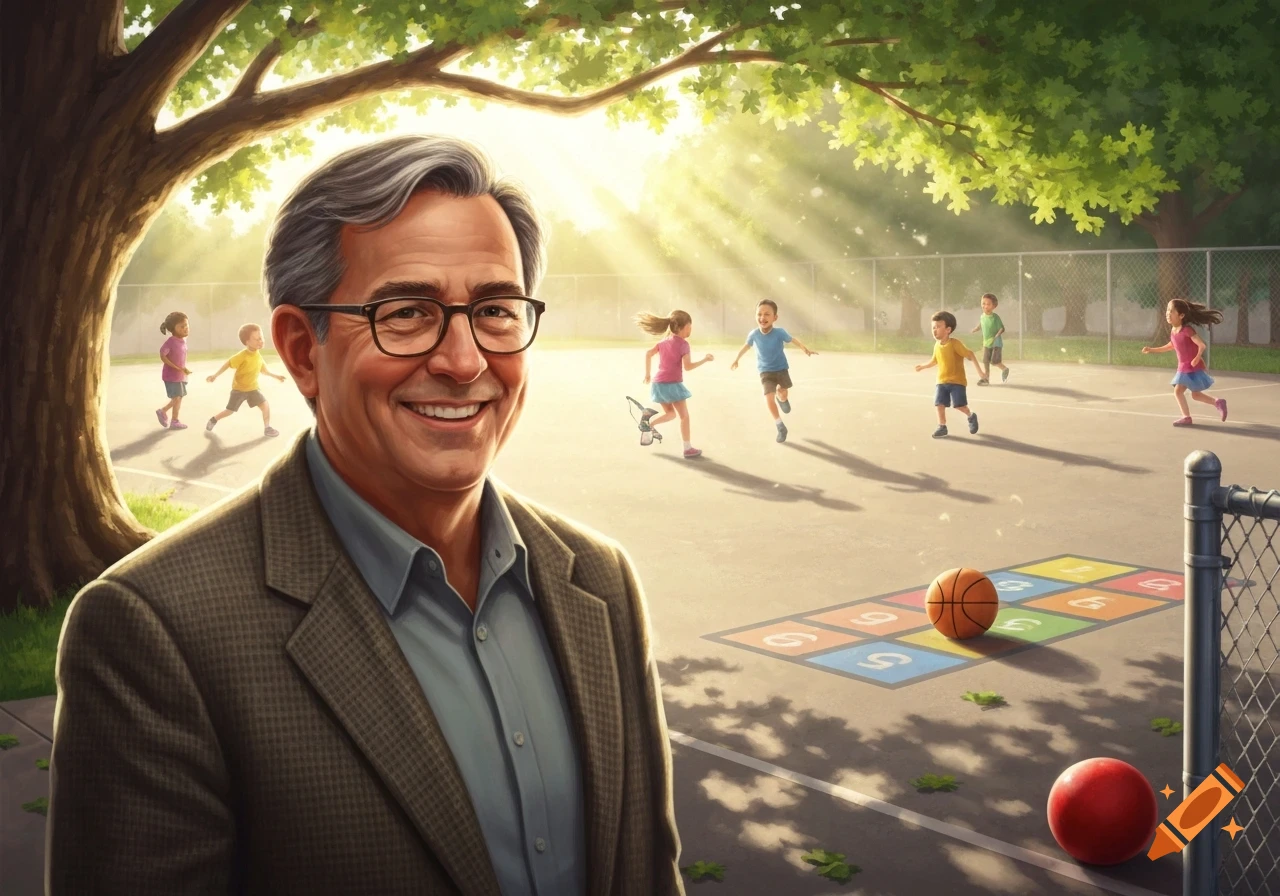 A smiling older man in glasses stands in the foreground, while children play on a sunny outdoor playground in the background with trees, a fence, a hopscotch grid, and balls.