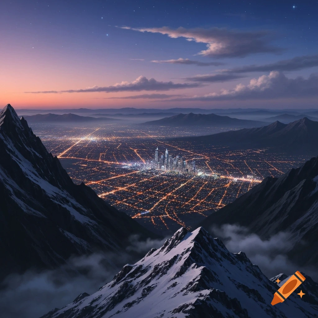 A stunning aerial view of a sprawling city at night, nestled between ...