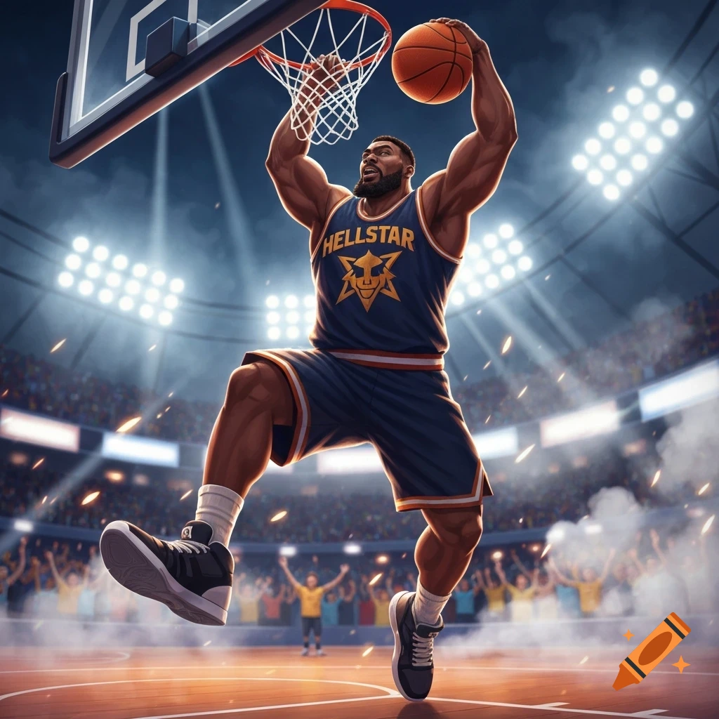 Muscular basketball player in a "HELLSTAR" jersey dunks a ball in a brightly lit arena.