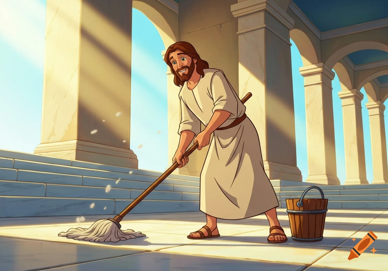 Cartoon Jesus with a beard and brown hair mops a tiled floor in a sunlit temple with large columns and arches, a wooden bucket nearby.