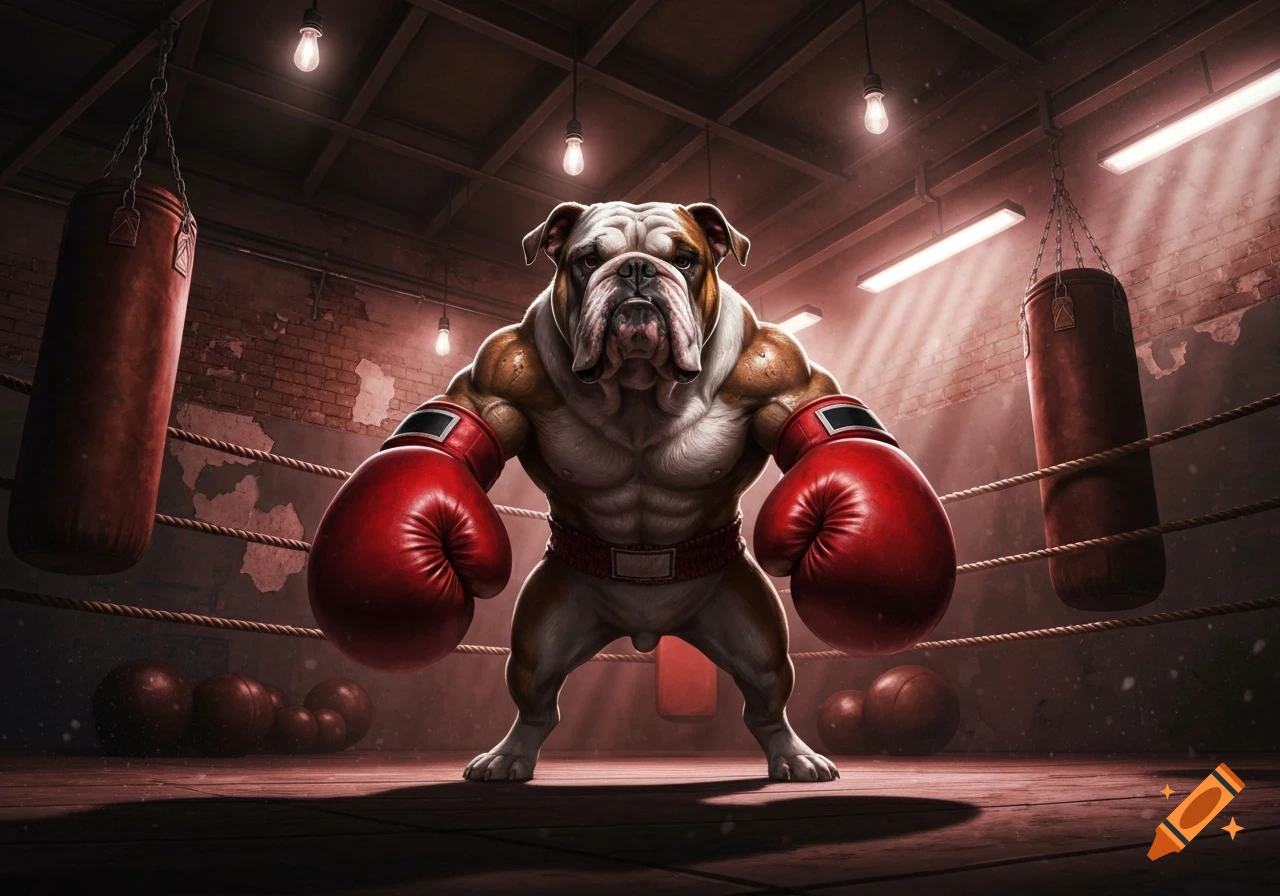 A muscular bulldog wearing red boxing gloves stands powerfully in a boxing ring, with punching bags in the background.