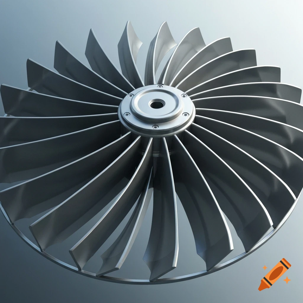 A close-up, photorealistic render of a metallic fan or turbine impeller with numerous curved blades radiating from a central hub.