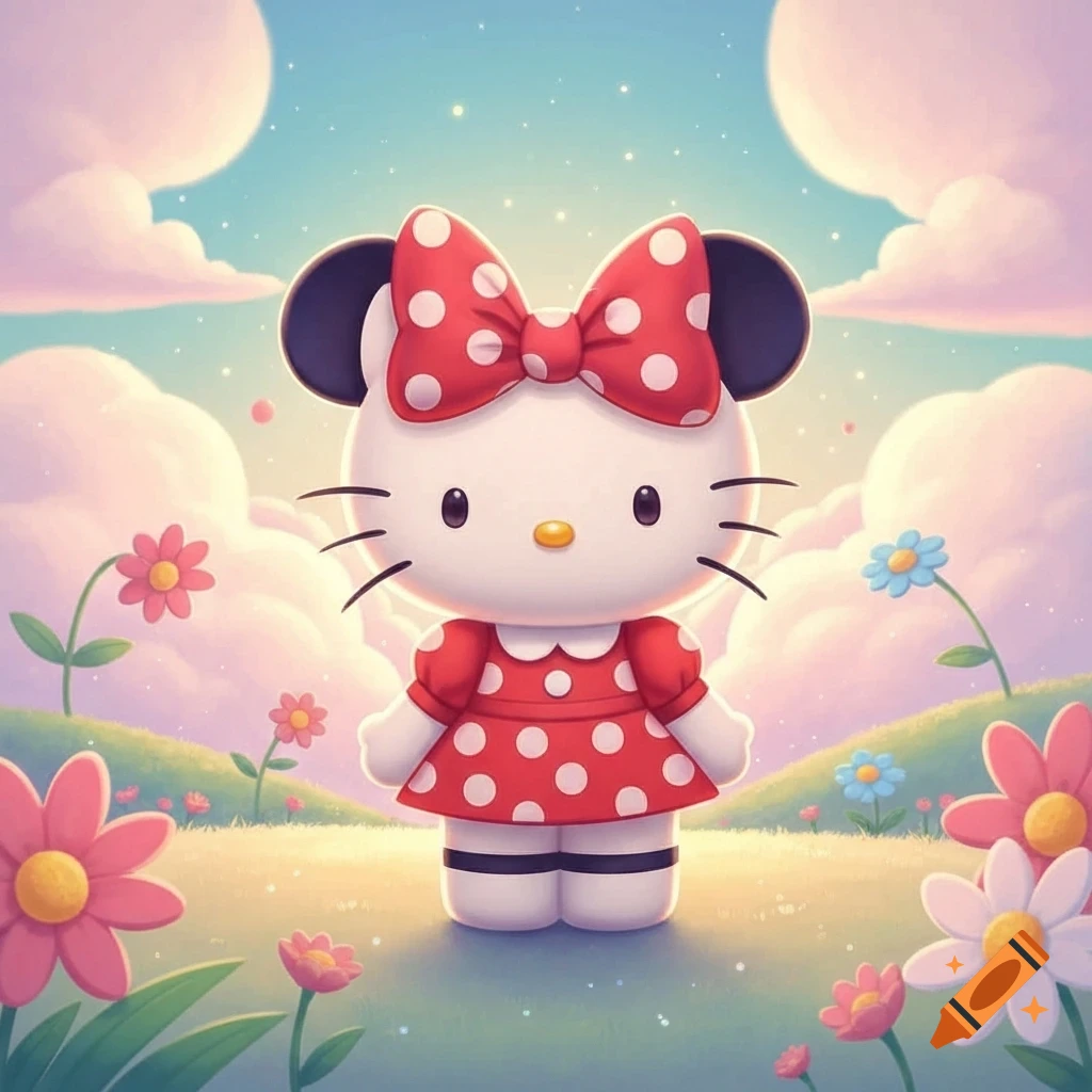 A cartoon Hello Kitty wearing a red polka-dot Minnie Mouse dress and bow stands in a whimsical pastel landscape with flowers.