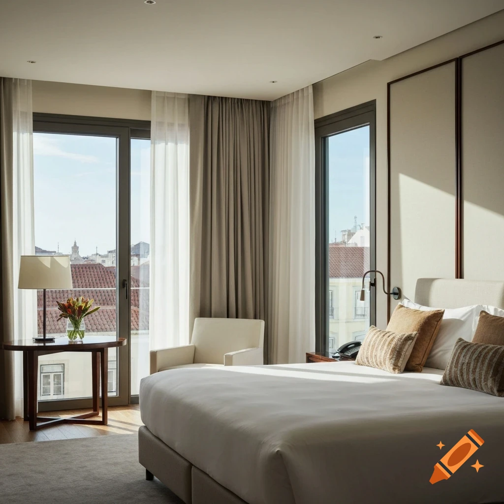 A bright, modern hotel room with a large bed, side table, and a window overlooking a city.