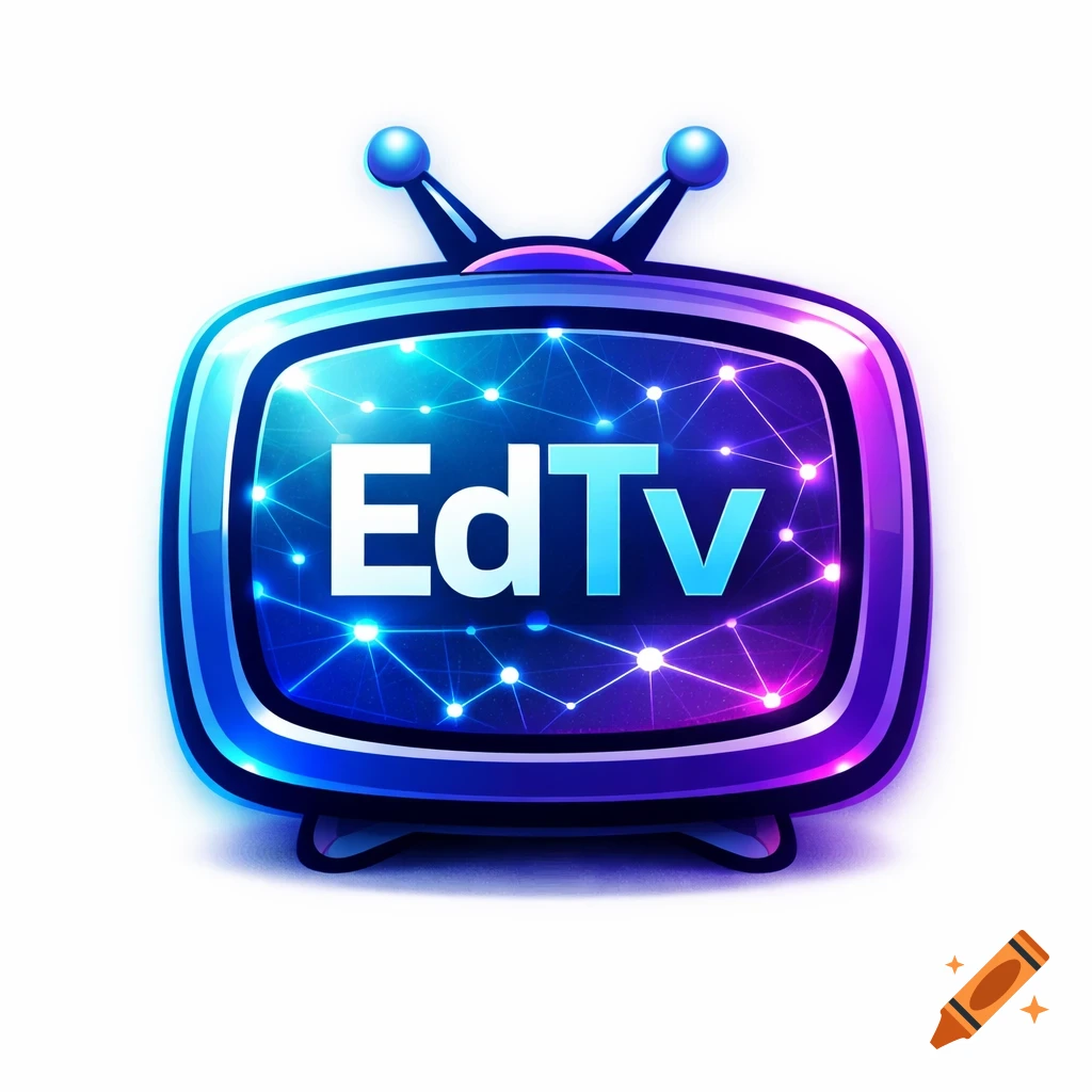 A vibrant, glowing blue and purple retro television icon with antennas, displaying "EdTv" on its screen amidst a network of glowing dots.