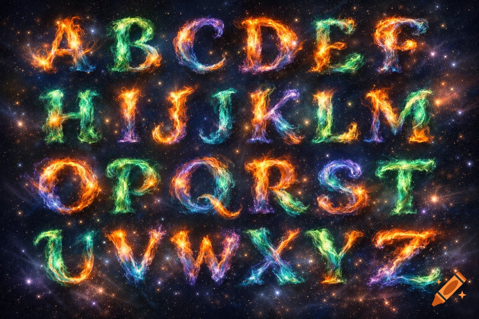 The English alphabet from A to Z, with each letter formed by colorful, glowing cosmic nebulae against a starry dark space background.