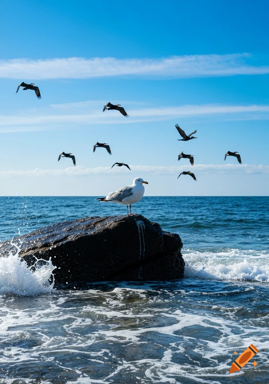 A seagull stands on a rock in the ocean with waves crashing, while a flock of cormorants fly in a clear blue sky.
