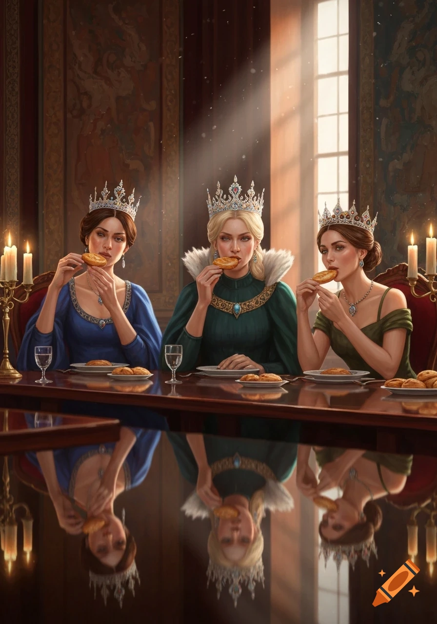 Three queens in ornate crowns and gowns sit at a long table in a grand hall, eating pastries by candlelight and sunbeam.