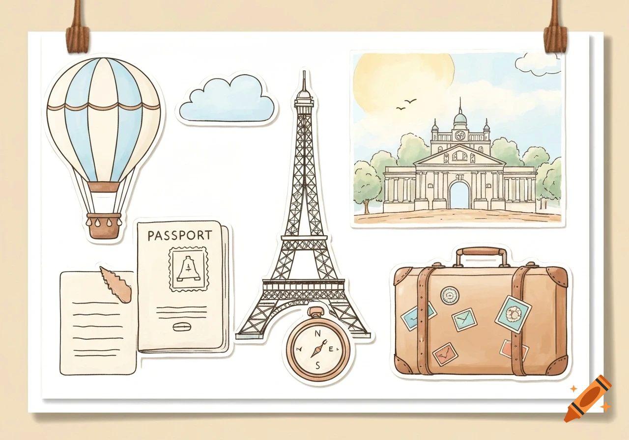 Watercolor travel-themed stickers featuring a hot air balloon, Eiffel Tower, a classical archway building, a passport, and a brown suitcase.
