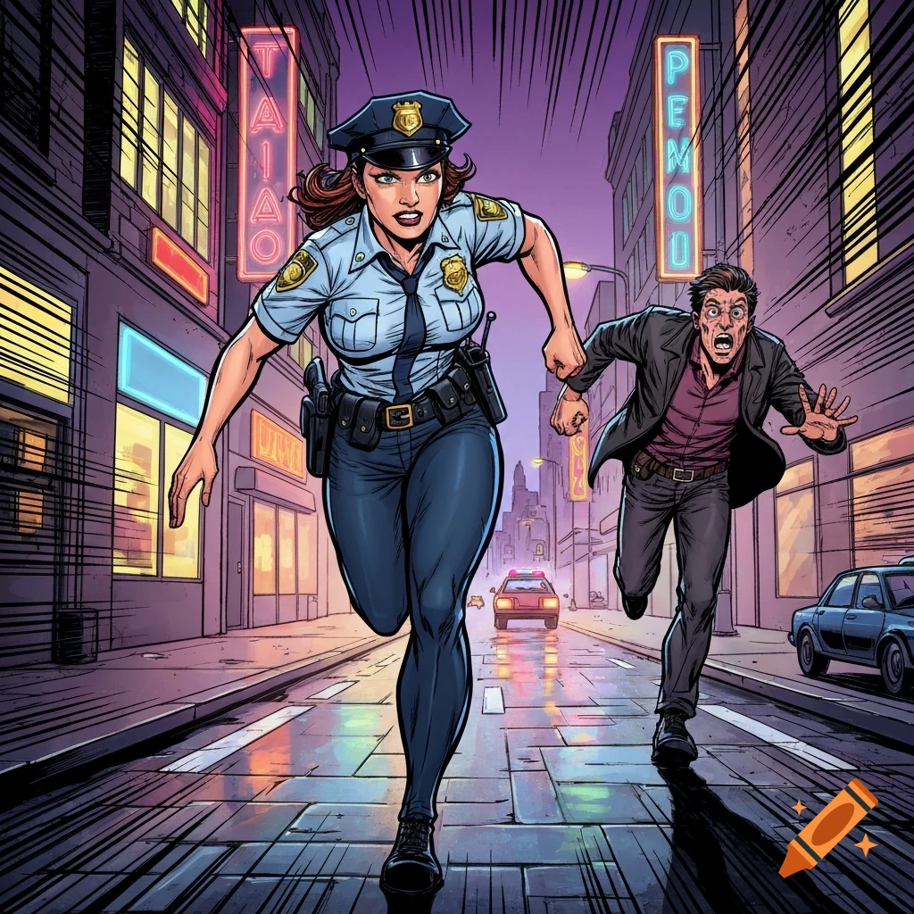 A determined policewoman chases a frantic man down a wet city street at night, illuminated by neon signs, in a comic book style.