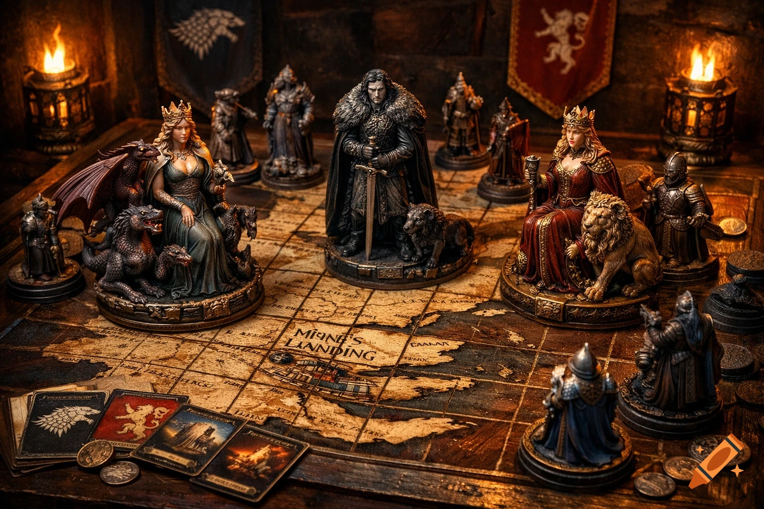 A highly detailed, photorealistic Game of Thrones themed board game with chess pieces, a map, and game cards under warm lighting.