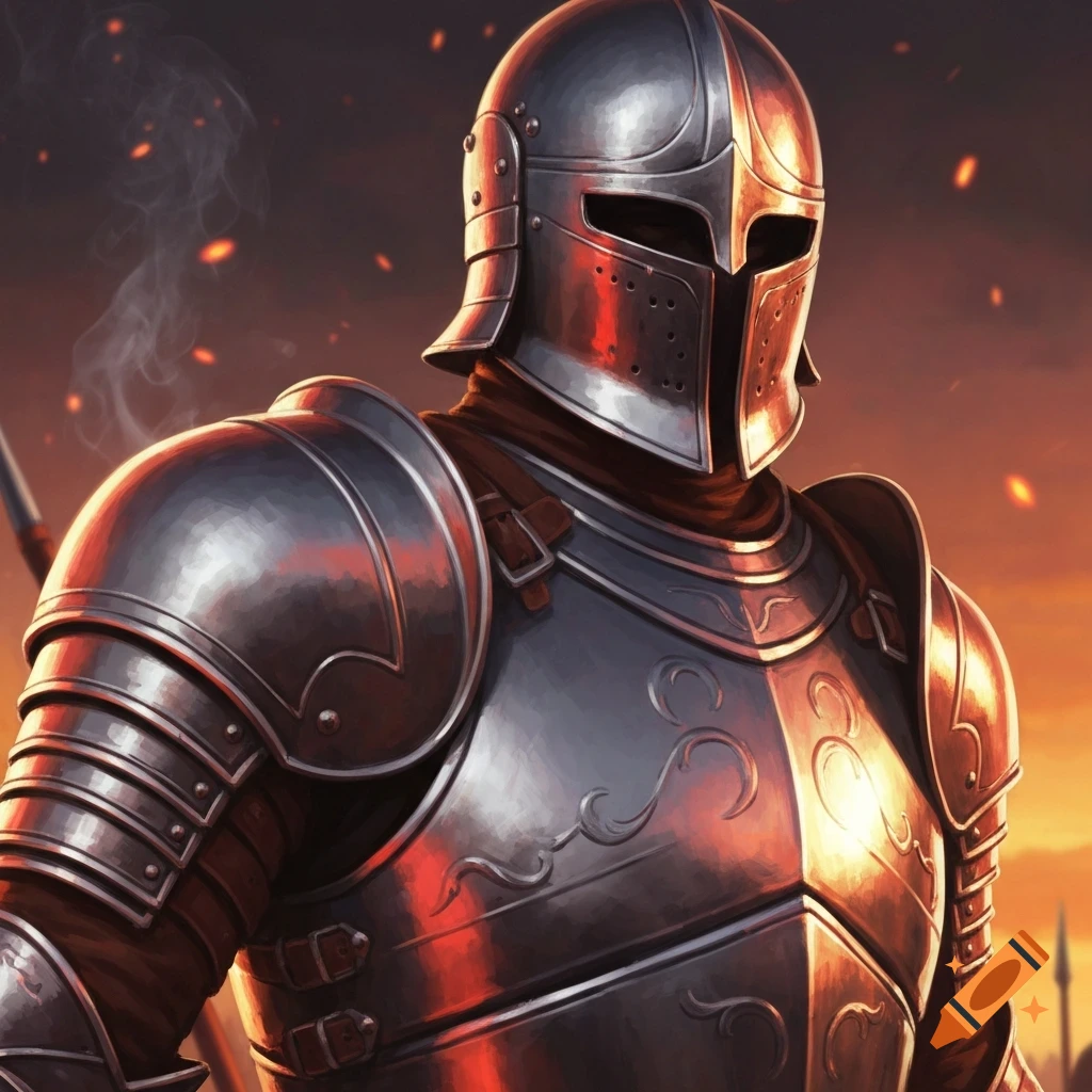 Close-up of a knight in polished silver armor, looking right against a fiery, smoke-filled sunset.