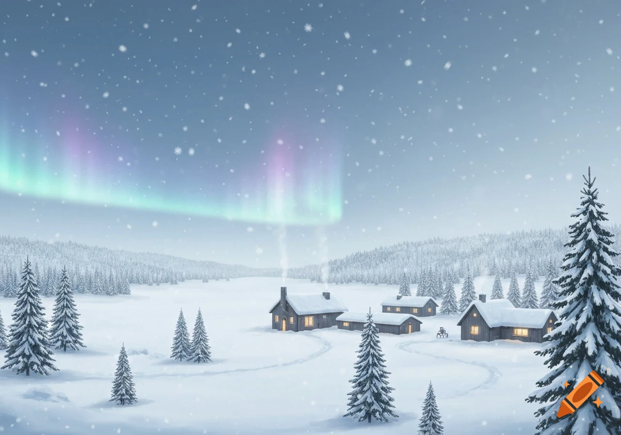 An illustrated winter landscape of a snowy village with houses, pine trees, and the Northern Lights in the sky.
