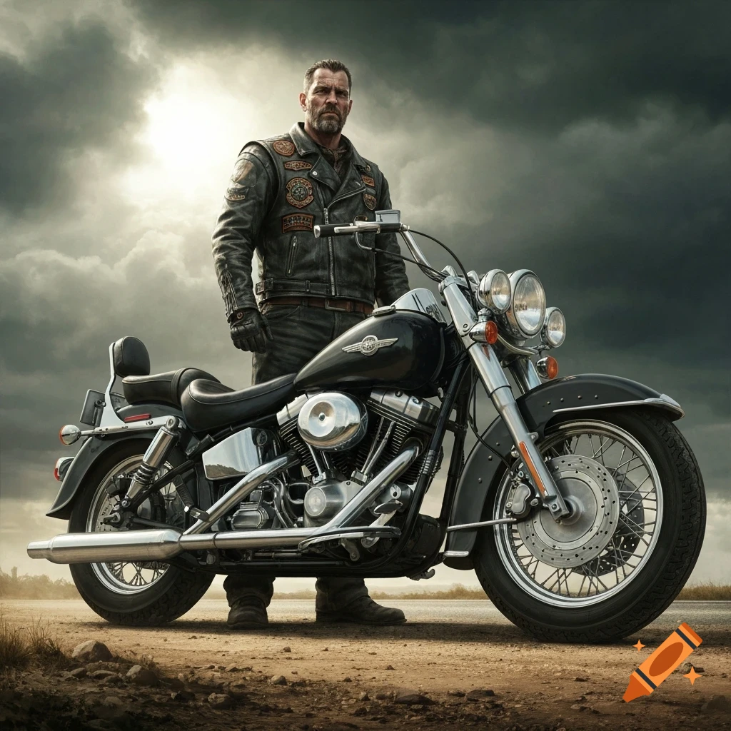 A stern man in a leather jacket stands beside a black motorcycle on a dirt road under a stormy sky.
