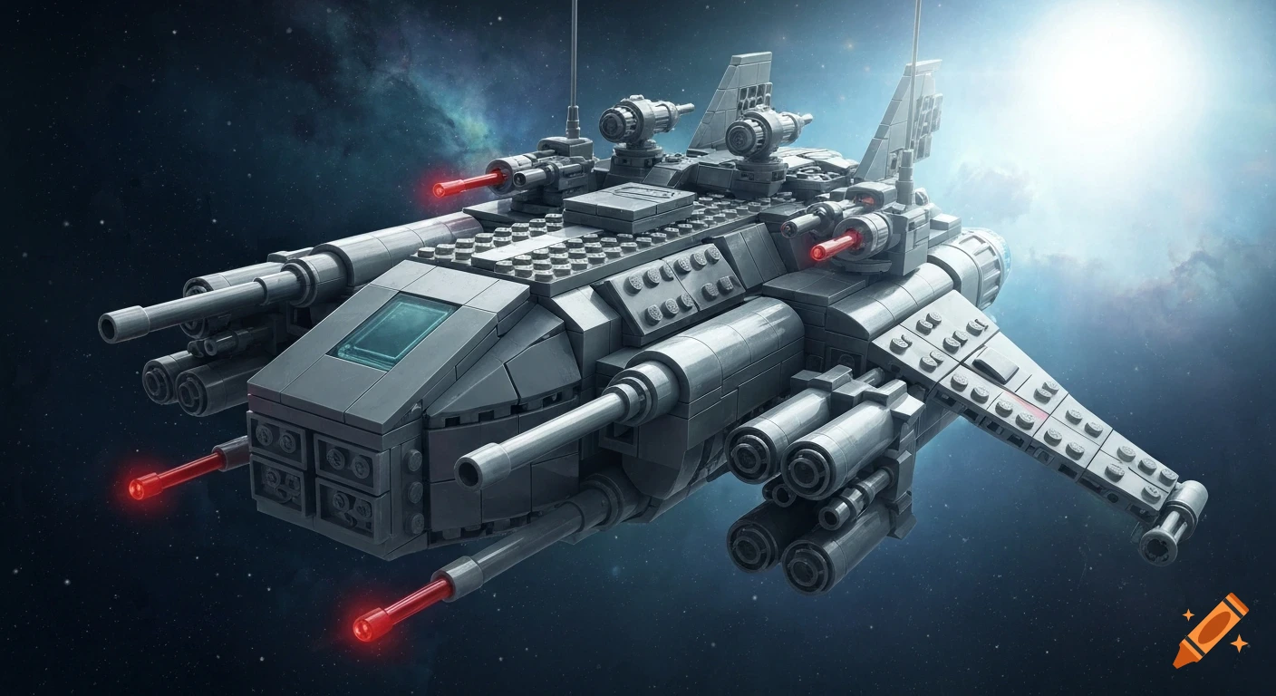 A detailed grey LEGO spaceship with red laser blasts flying through deep space.