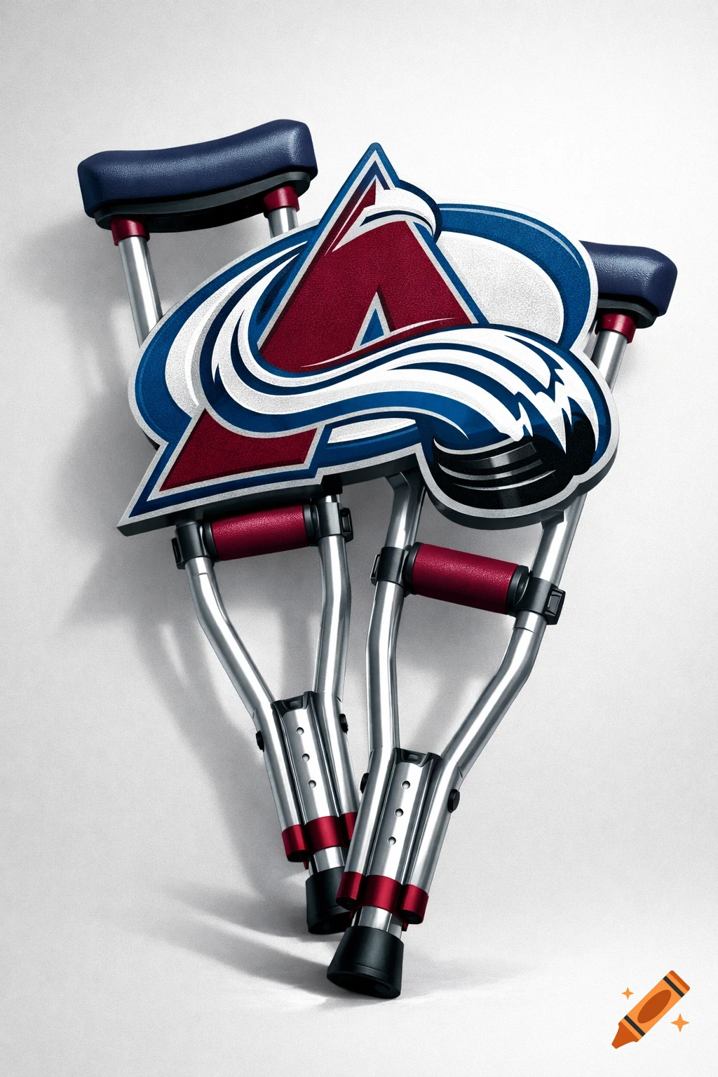 Photorealistic image of two silver crutches with blue and red details, featuring a large Colorado Avalanche hockey team logo.