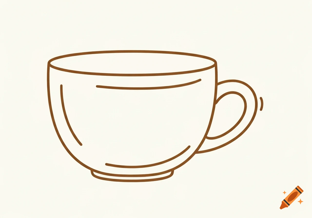 Minimalist hand-drawn warm brown line art of a classic rounded tea mug with a curved handle.