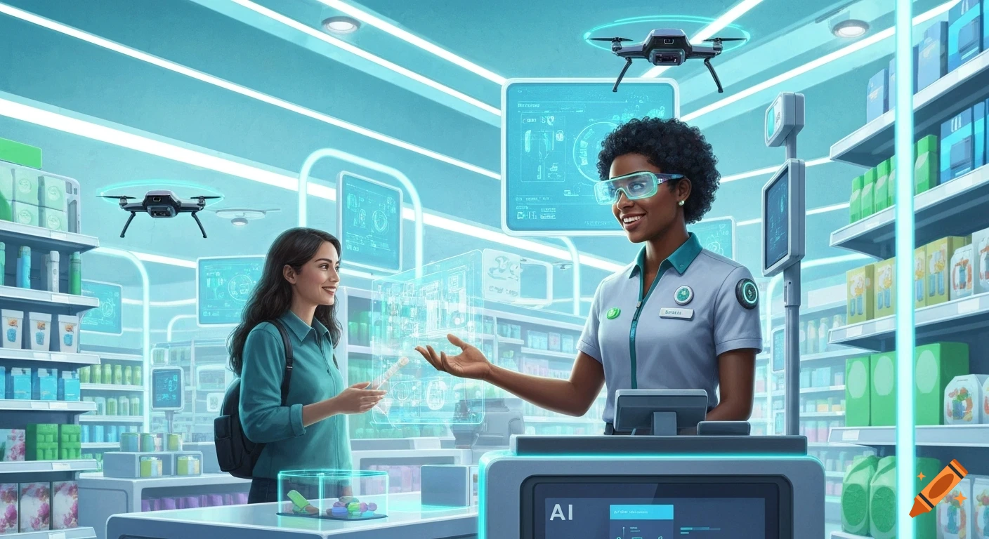 A smiling employee wearing AR glasses in a futuristic store helps a customer with holographic product displays, surrounded by drones and smart shelves.