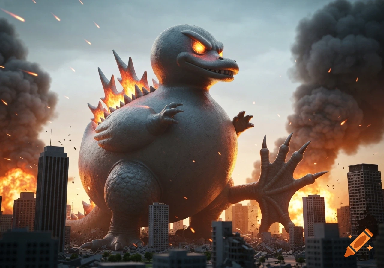 A giant, cartoonish Godzilla-like rubber duck with glowing eyes and fiery spines destroys a city at dusk, surrounded by explosions and smoke.