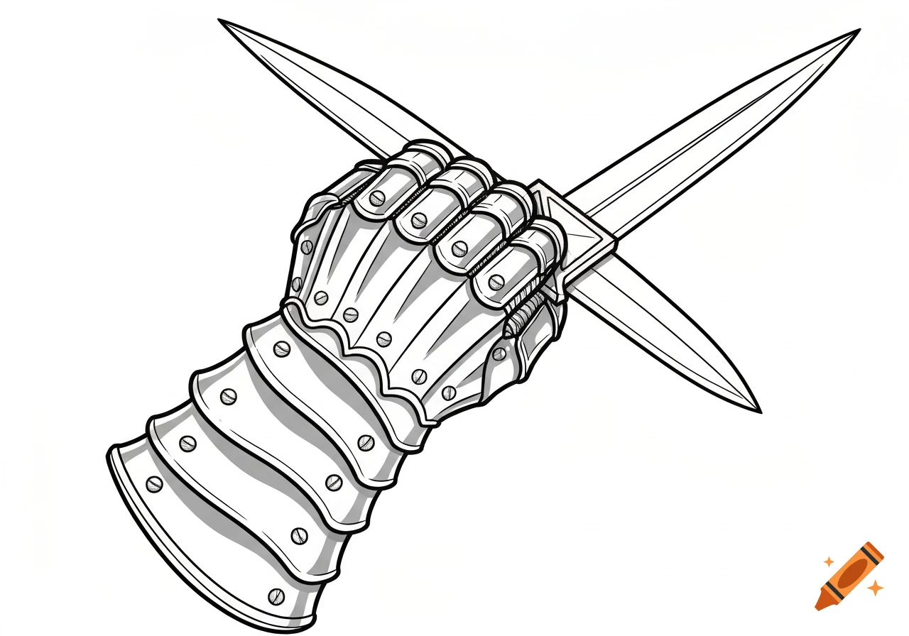 A line drawing of a metal gauntlet gripping a dagger with a long, pointed blade.