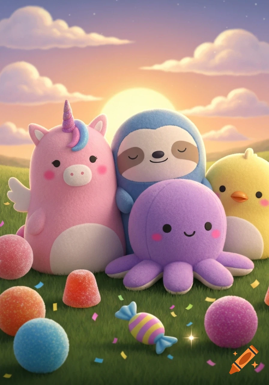 A pink unicorn, blue sloth, purple octopus, and yellow chick plush toy sit on green grass with candies and confetti under a sunset sky.