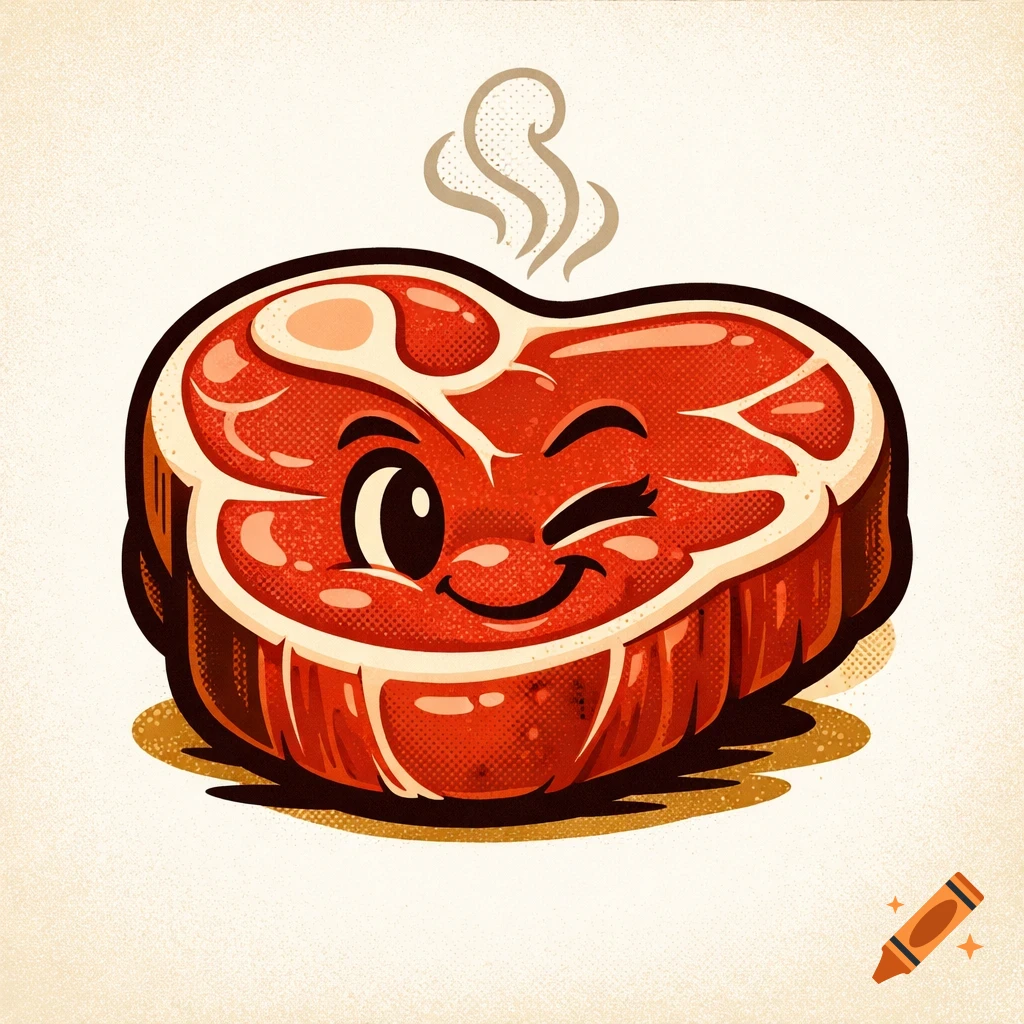 A happy cartoon steak winks and smiles, with steam rising, in a retro pop art style.