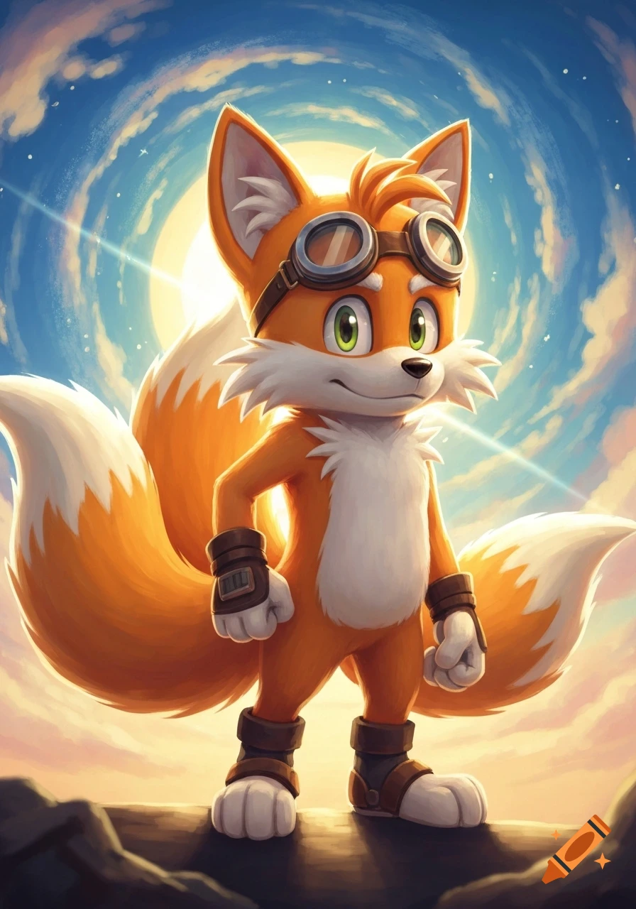 Painted portrait of Tails the Fox wearing pilot goggles, standing under a bright sky with sunrays.