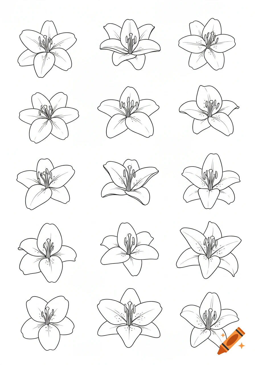 A grid of fifteen black and white outline drawings of lily flowers with varying petal counts and shapes.