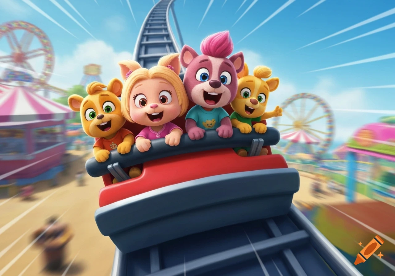 Four happy cartoon animal characters ride a red roller coaster through a vibrant amusement park with a Ferris wheel.