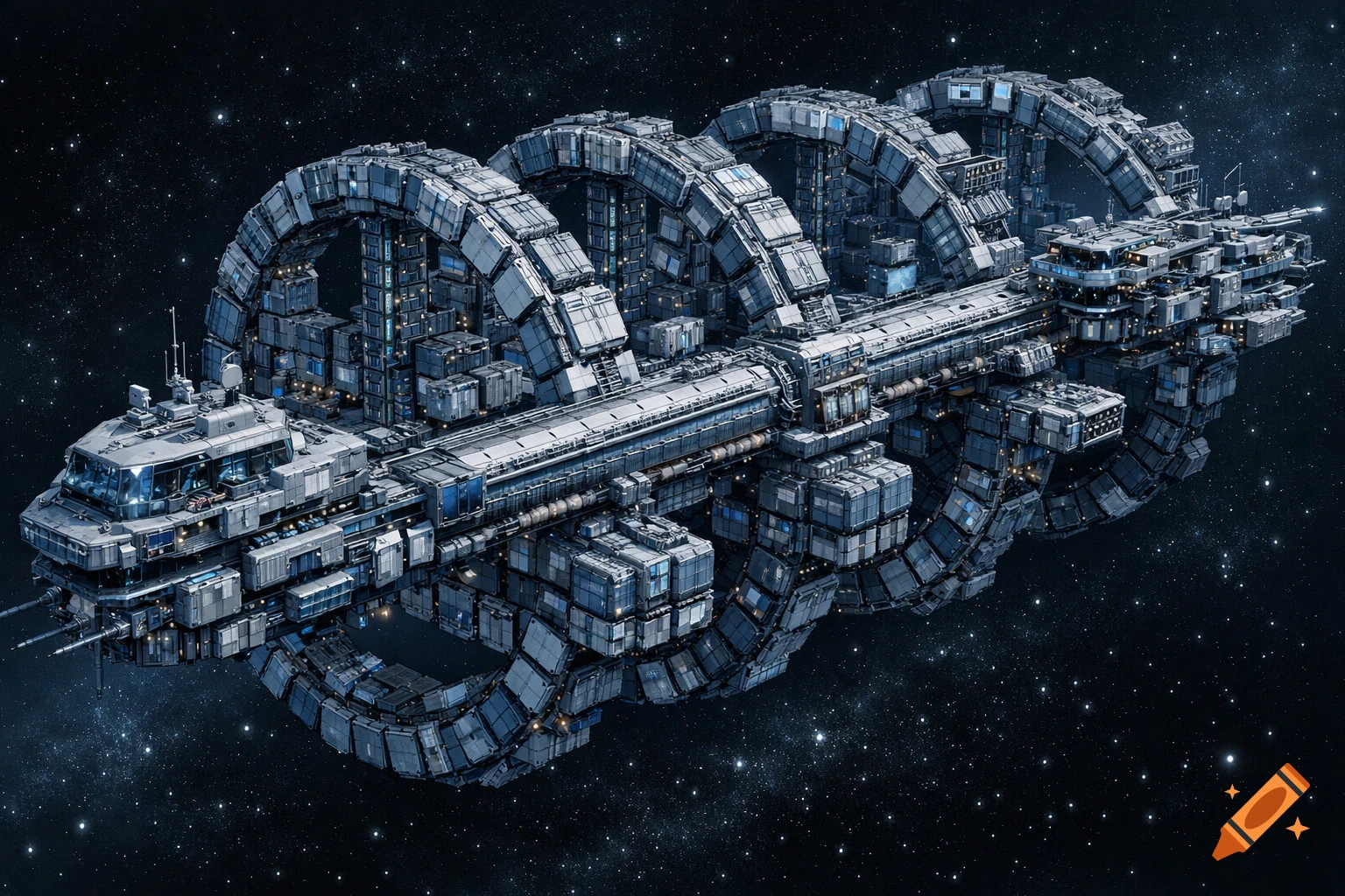 Detailed, intricate futuristic spaceship with multiple modules and glowing windows, floating in a dark, star-filled space.