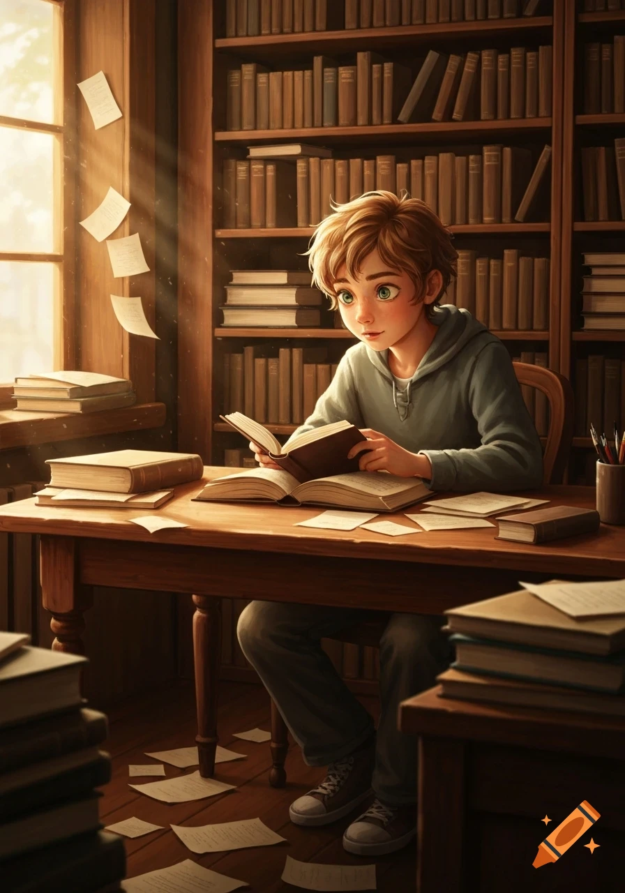 An illustrated young student with light brown hair reads a book at a wooden desk in a sunlit library filled with bookshelves.