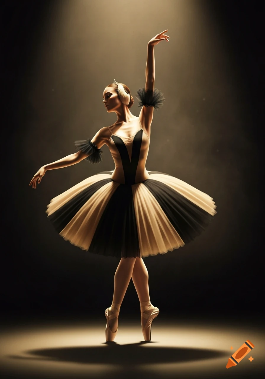 A ballet dancer in a beige and black tutu strikes a pose under a spotlight on a dark stage.