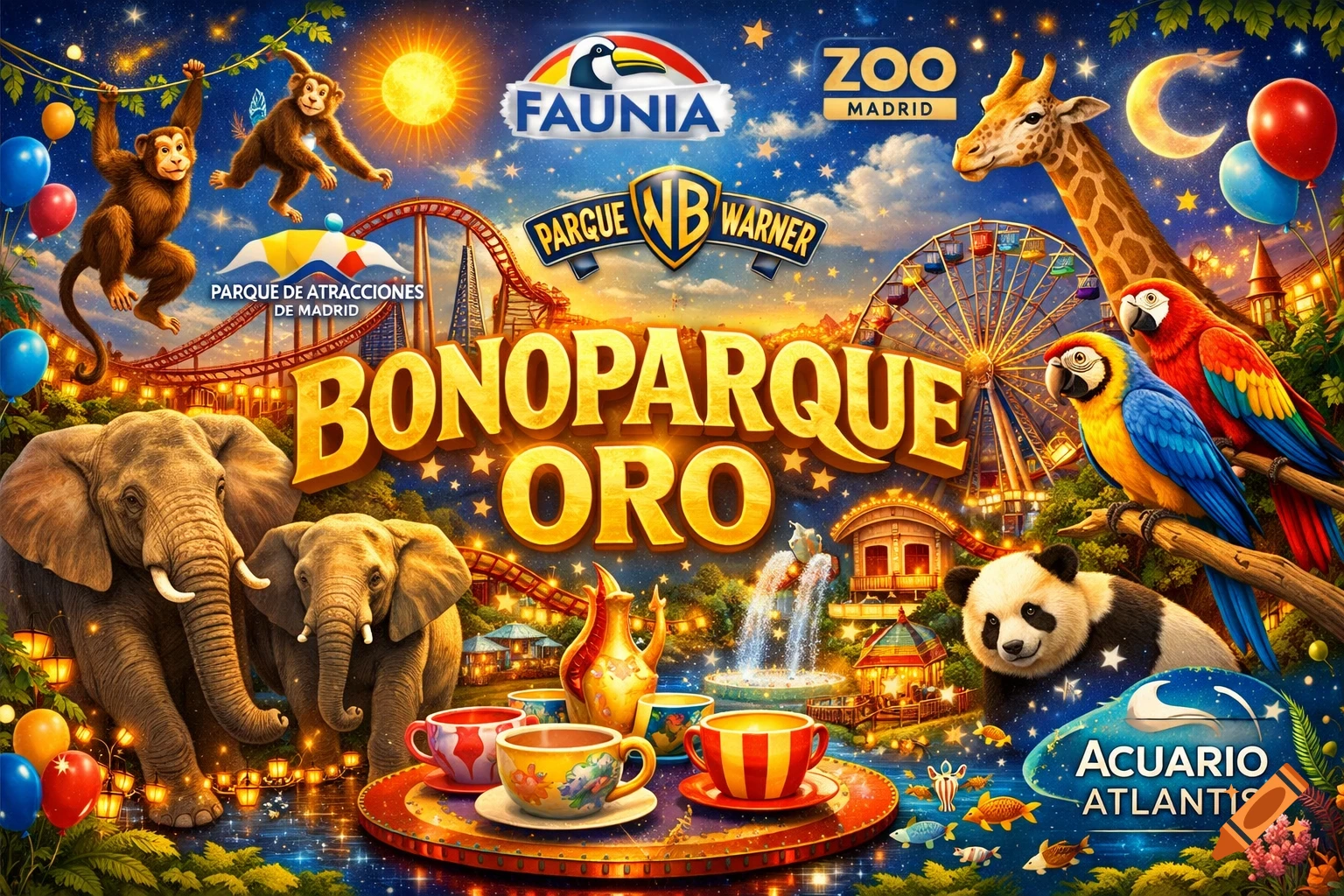 Colorful illustration blending zoo animals (elephants, giraffe, panda, monkeys, parrots) with amusement park rides and signage.