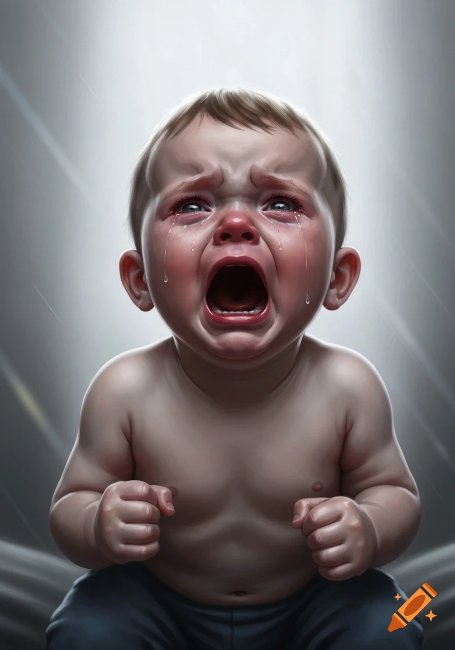 A highly detailed illustration of a baby crying with an open mouth and tears streaming down its red face, against a luminous background.