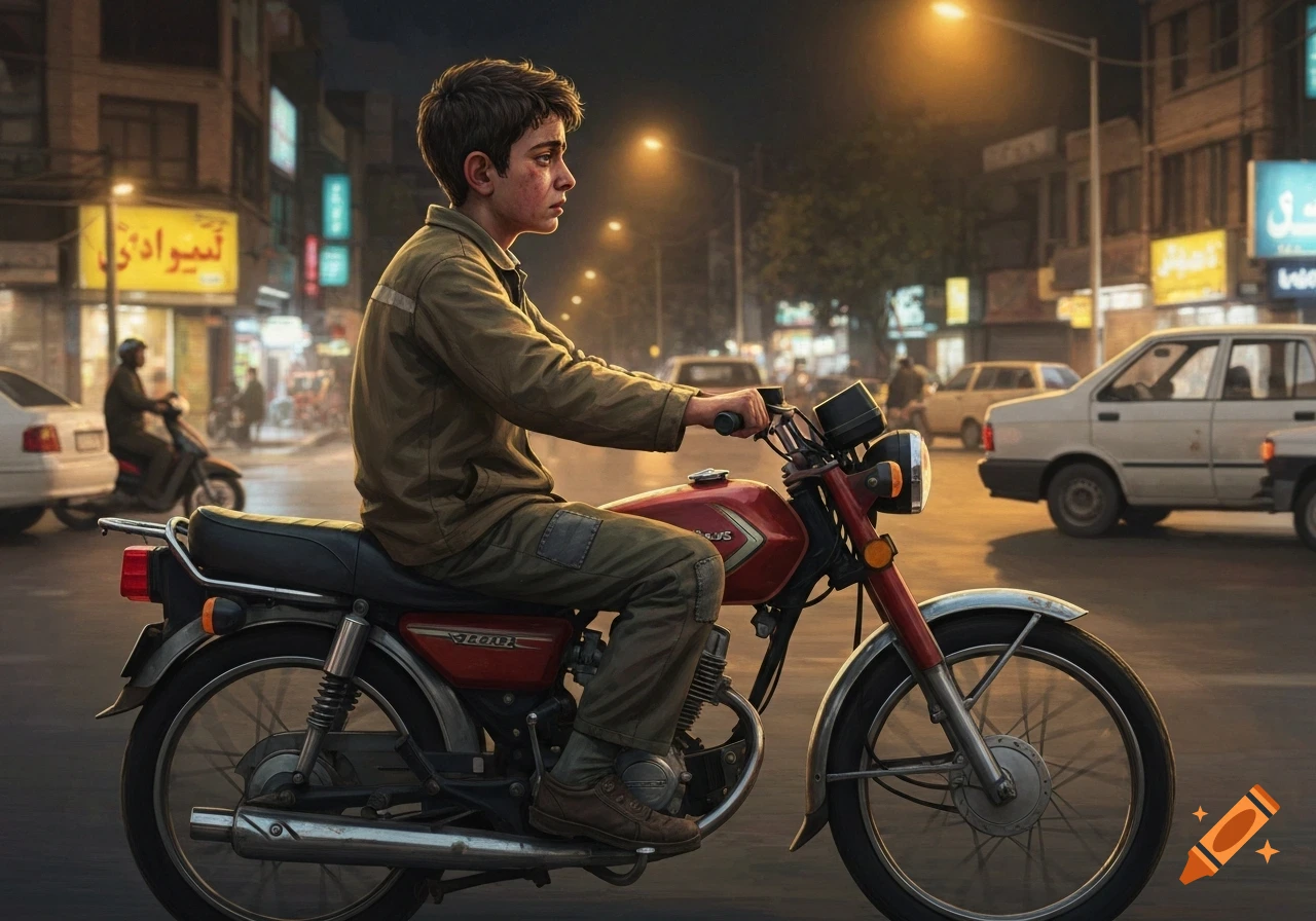 A young man with a weary expression rides a red motorcycle through a busy urban street at night, illuminated by warm streetlights.